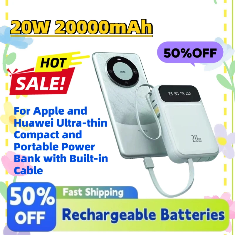 High-Quality New 20W 20000mAh Power Bank for Apple and Huawei Ultra-thin Compact and Portable Power Bank with Built-in Cable
High-Quality New 20W 20000mAh Power Bank for Apple and Huawei Ultra-thin Compact and Portable Power Bank with Built-in Cable