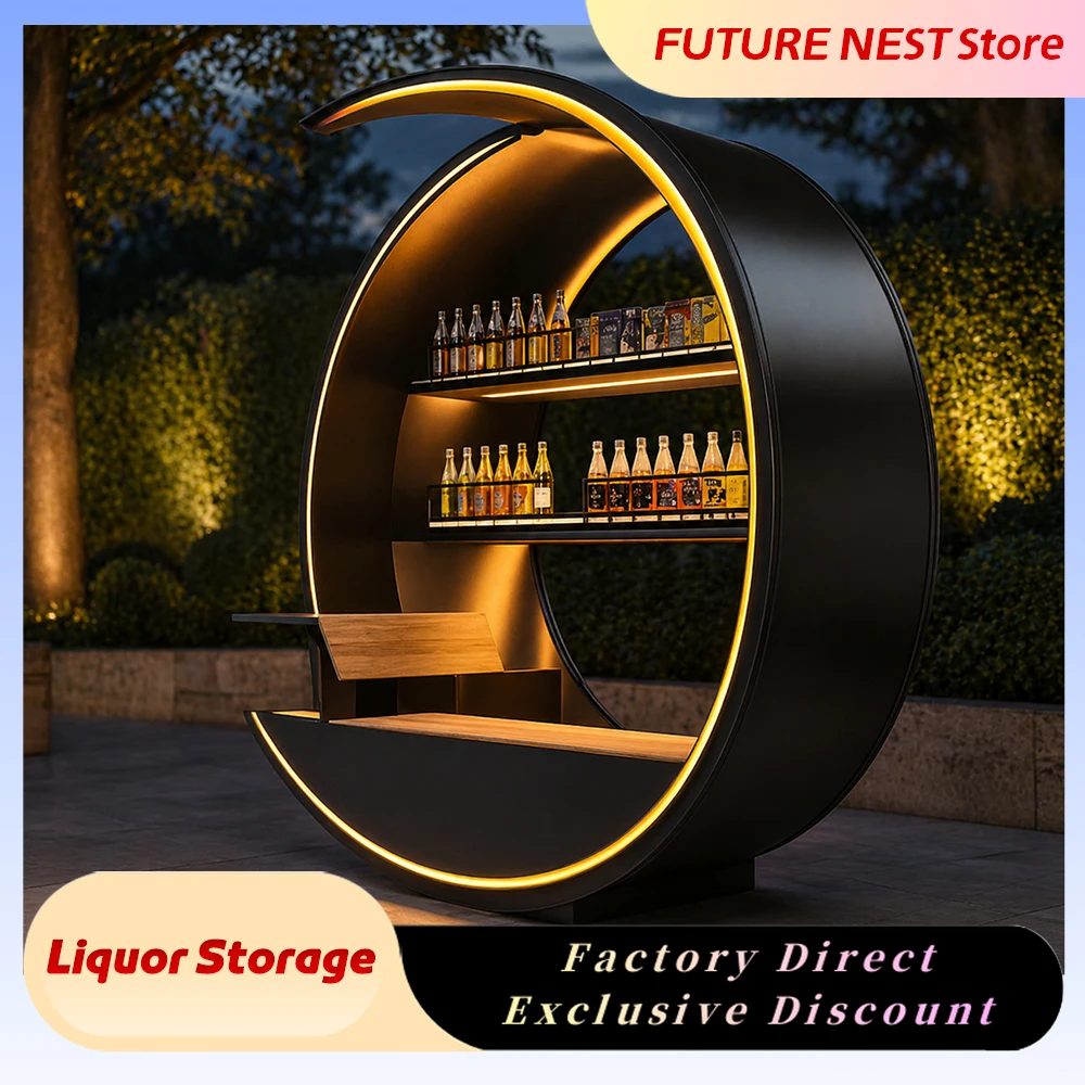 Modern Creative Moon Shape Outdoor Bar Cabinet with LED Light Weatherproof Metal Liquor Storage Shelf for Patio Garden Party
Modern Creative Moon Shape Outdoor Bar Cabinet with LED Light Weatherproof Metal Liquor Storage Shelf for Patio Garden Party