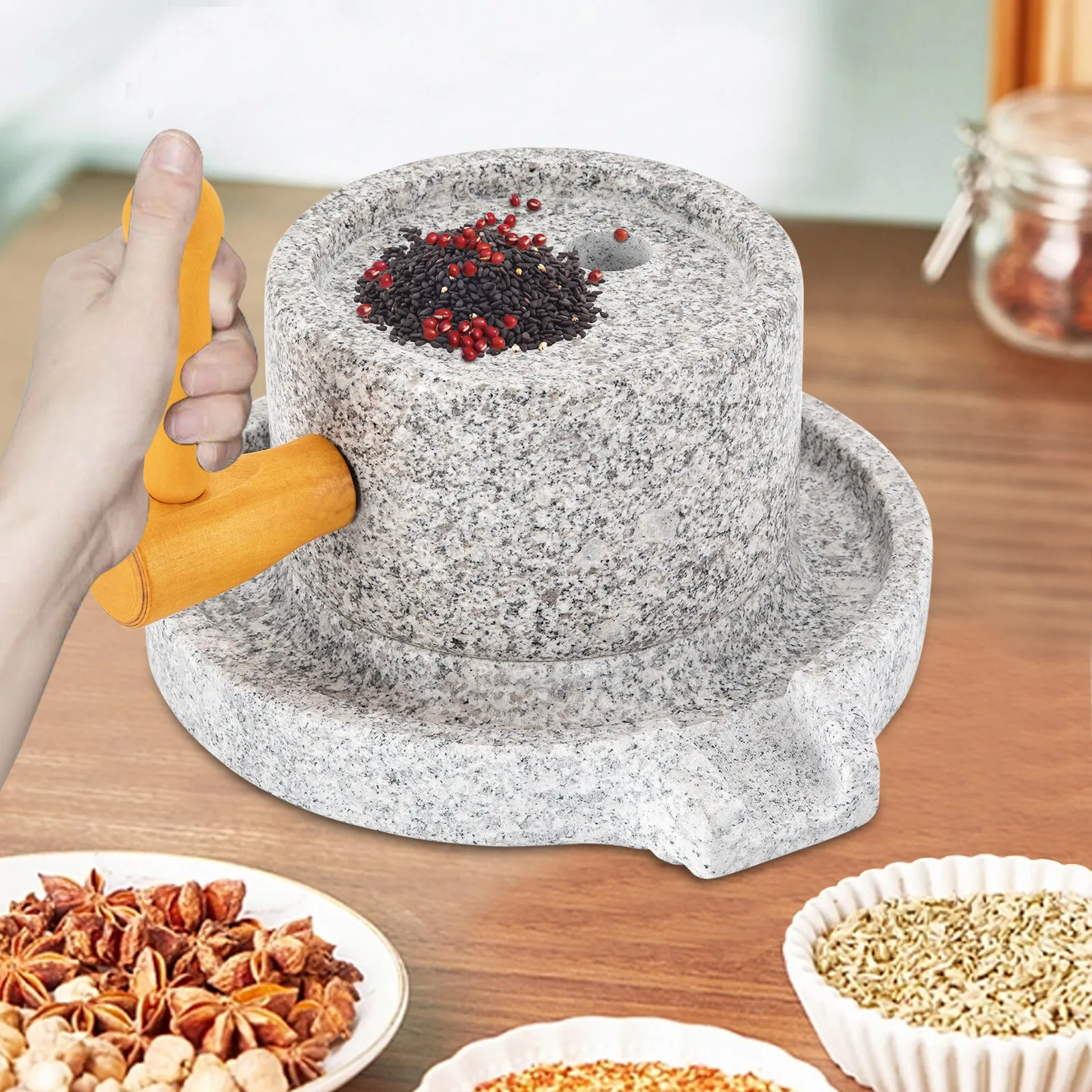 Traditional Manual Millstone with Granite Construction, 304 Stainless Steel Core & Wooden Handle, Ideal for Dry and Wet Grinding
Traditional Manual Millstone with Granite Construction, 304 Stainless Steel Core & Wooden Handle, Ideal for Dry and Wet Grinding