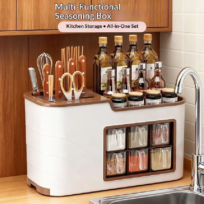 Seasoning Storage Box Multi Grid Integrated With Knife Holder Kitchen Countertop Spice Organizer For Home Condiment Jar Storage
Seasoning Storage Box Multi Grid Integrated With Knife Holder Kitchen Countertop Spice Organizer For Home Condiment Jar Storage