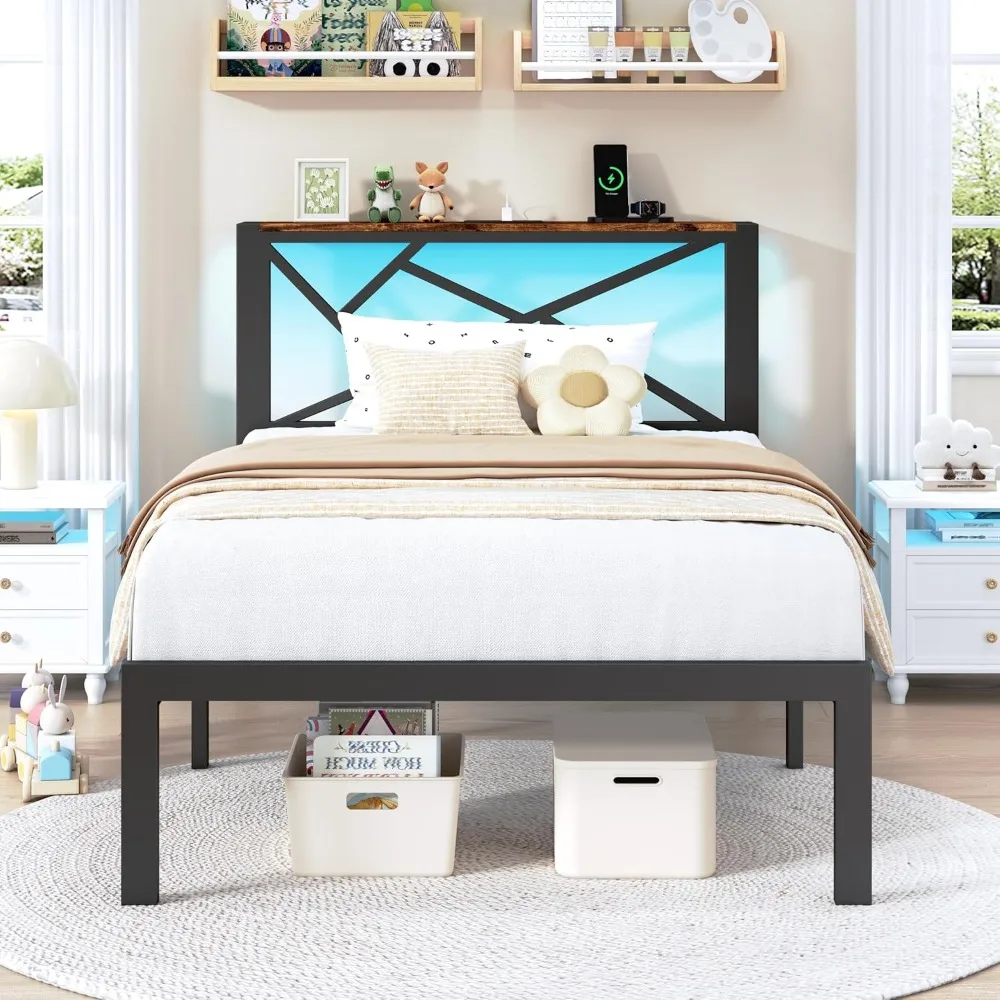 Twin Size Metal Bed Frame with LED Lights, Storage Headboard with Charging Station, Modern Twin Platform Bed with Heavy Duty
Twin Size Metal Bed Frame with LED Lights, Storage Headboard with Charging Station, Modern Twin Platform Bed with Heavy Duty