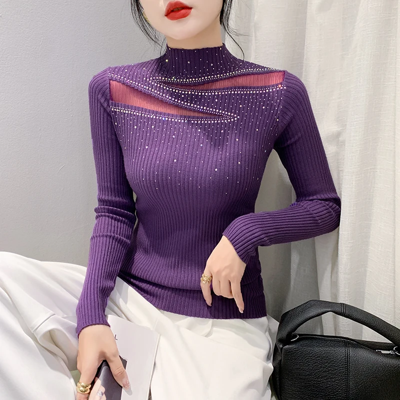 2023 Fall Winter Korean Clothes Knitted Sweater Chic Sexy Mock Neck Patchwork Perspective Diamonds Women Long Sleeve Tops 39042
2023 Fall Winter Korean Clothes Knitted Sweater Chic Sexy Mock Neck Patchwork Perspective Diamonds Women Long Sleeve Tops 39042