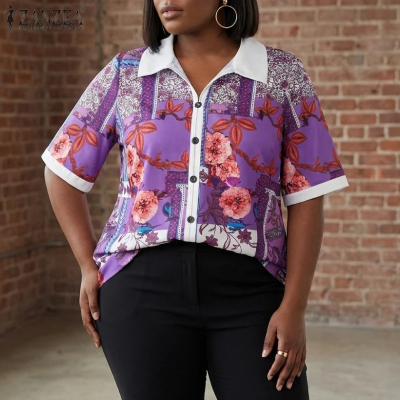 ZANZEA Women Floral Print Pullover Blouses Collared Short Sleeve Decorative Buttons Tops Summer Casual Vacation Blusas Mujer
ZANZEA Women Floral Print Pullover Blouses Collared Short Sleeve Decorative Buttons Tops Summer Casual Vacation Blusas Mujer