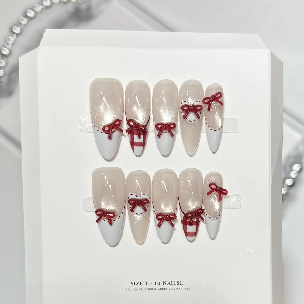 10 Pieces French Red Bow Cat Eye Handmade Press On Nails Velvet Texture Red White Plaid Stitched Heart Art Fake Nails Reusable
10 Pieces French Red Bow Cat Eye Handmade Press On Nails Velvet Texture Red White Plaid Stitched Heart Art Fake Nails Reusable