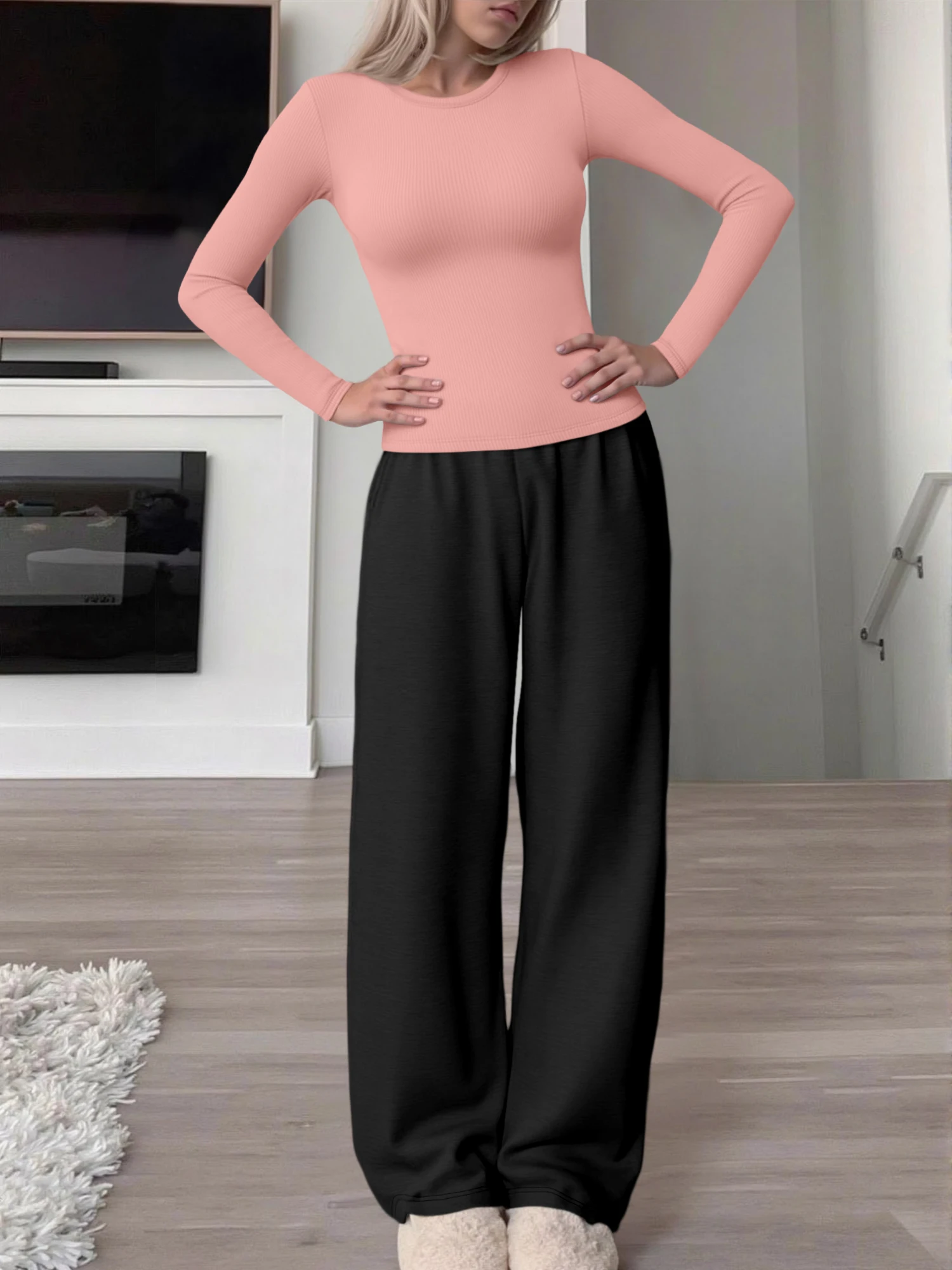 Ladies Trendy 2 Piece Set, Ribbed Long Sleeve Fitted Top & Loose Wide Leg Pants, Casual Streetwear & Loungewear
Ladies Trendy 2 Piece Set, Ribbed Long Sleeve Fitted Top & Loose Wide Leg Pants, Casual Streetwear & Loungewear