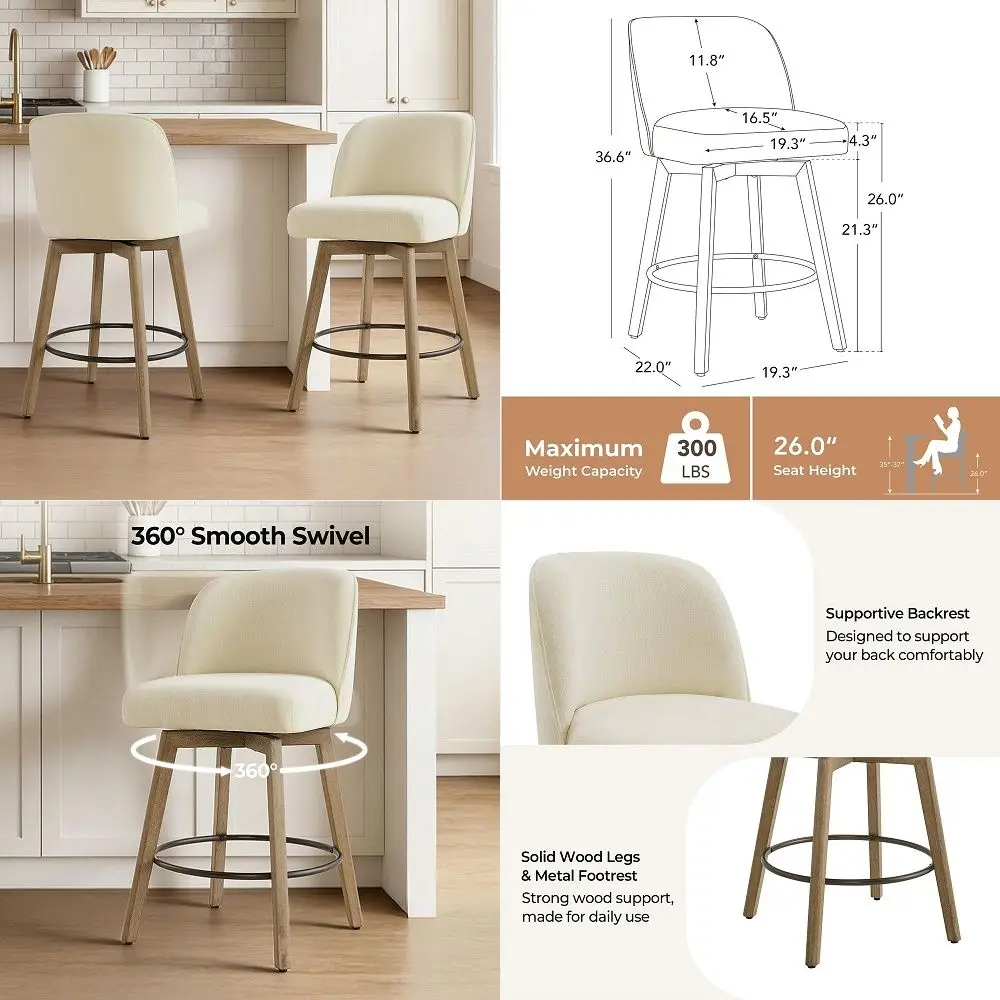 Modern Swivel Counter Height Bar Stools Set of 2, 26 Upholstered Counter Stools, Solid Wood Legs, Comfortable Cushioned Seat, C
Modern Swivel Counter Height Bar Stools Set of 2, 26 Upholstered Counter Stools, Solid Wood Legs, Comfortable Cushioned Seat, C