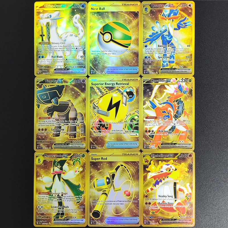 9PCS/Set DIY PTCG English Chien-Pao Nest Ball Ting-Lu Quaquaval Superior Energy Meowscarada EX Hobby Collection Flash Card Toy
9PCS/Set DIY PTCG English Chien-Pao Nest Ball Ting-Lu Quaquaval Superior Energy Meowscarada EX Hobby Collection Flash Card Toy