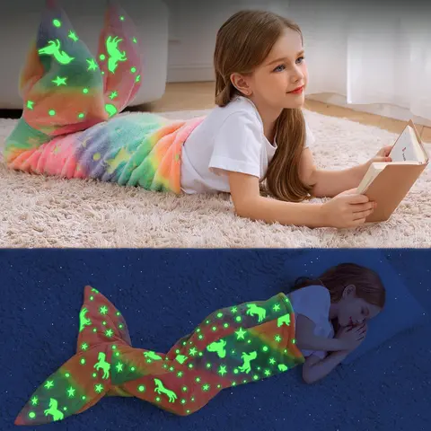 Kids Glow in The Dark Blanket Soft Flannel Mermaid Tail Blanket with Rainbow Ombre Fish Scale Design for Girls Sleeping Bag NEW