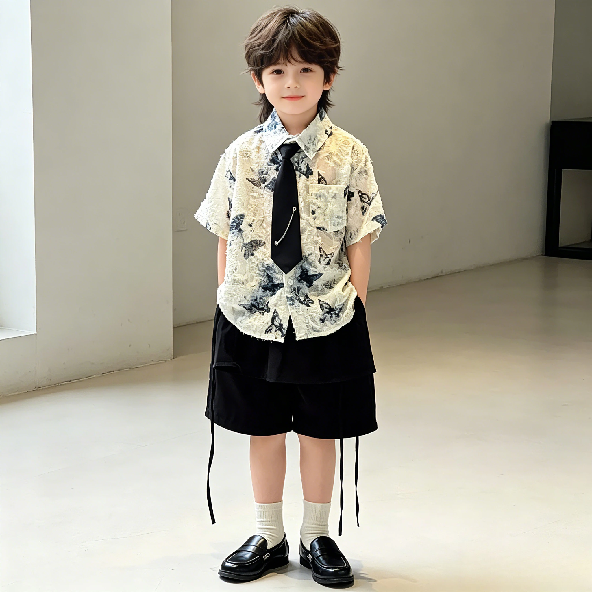 Boys Butterfly Print Textured Shirt Shorts Set with Tie Kids Streetwear Summer Outfit for Party Photoshoot Casual Daily Wear 8 Y
Boys Butterfly Print Textured Shirt Shorts Set with Tie Kids Streetwear Summer Outfit for Party Photoshoot Casual Daily Wear 8 Y