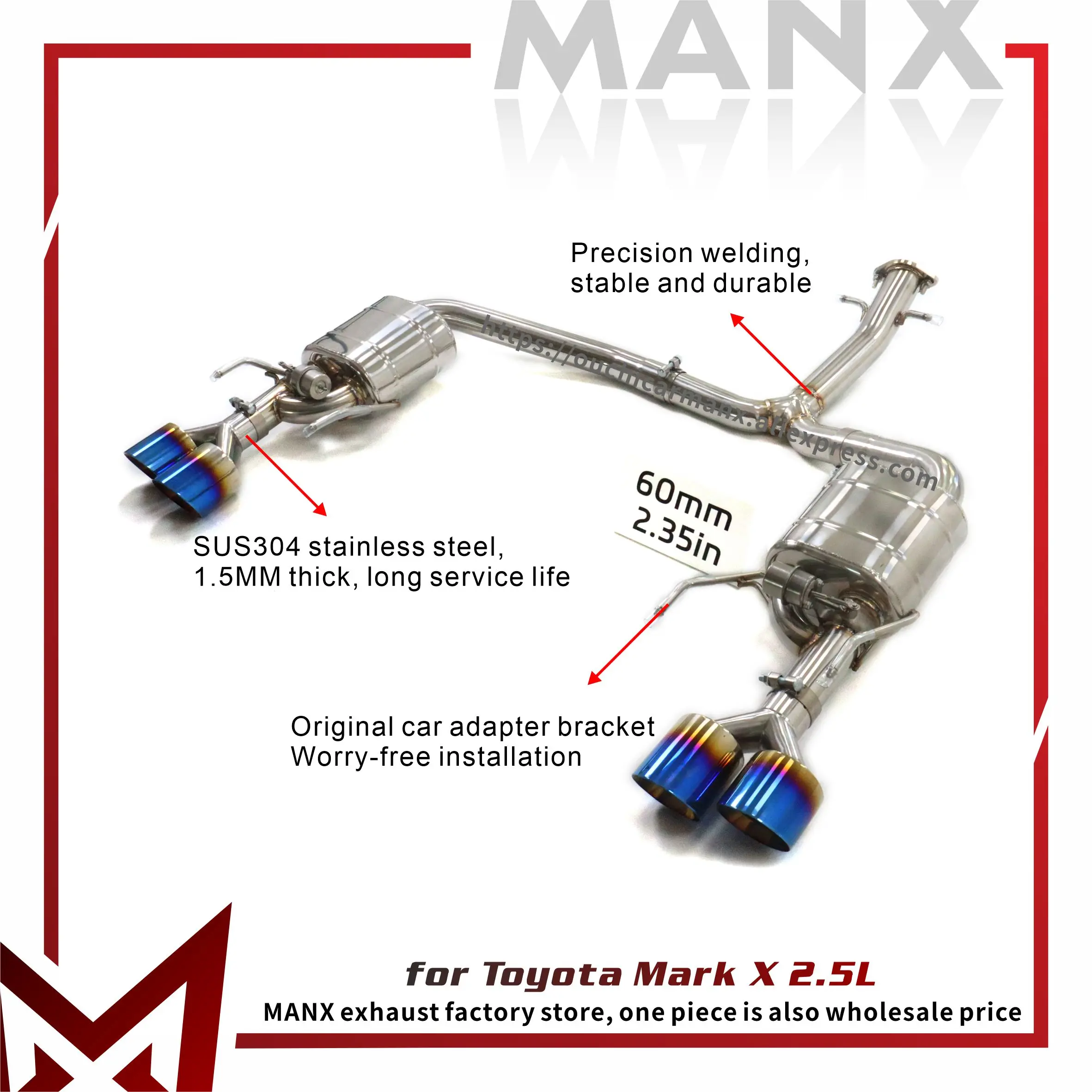 MANX Exhaust system SUS304 for Toyota Mark X 2.5L Catback Increased power Vacuum valves Support customization
MANX Exhaust system SUS304 for Toyota Mark X 2.5L Catback Increased power Vacuum valves Support customization