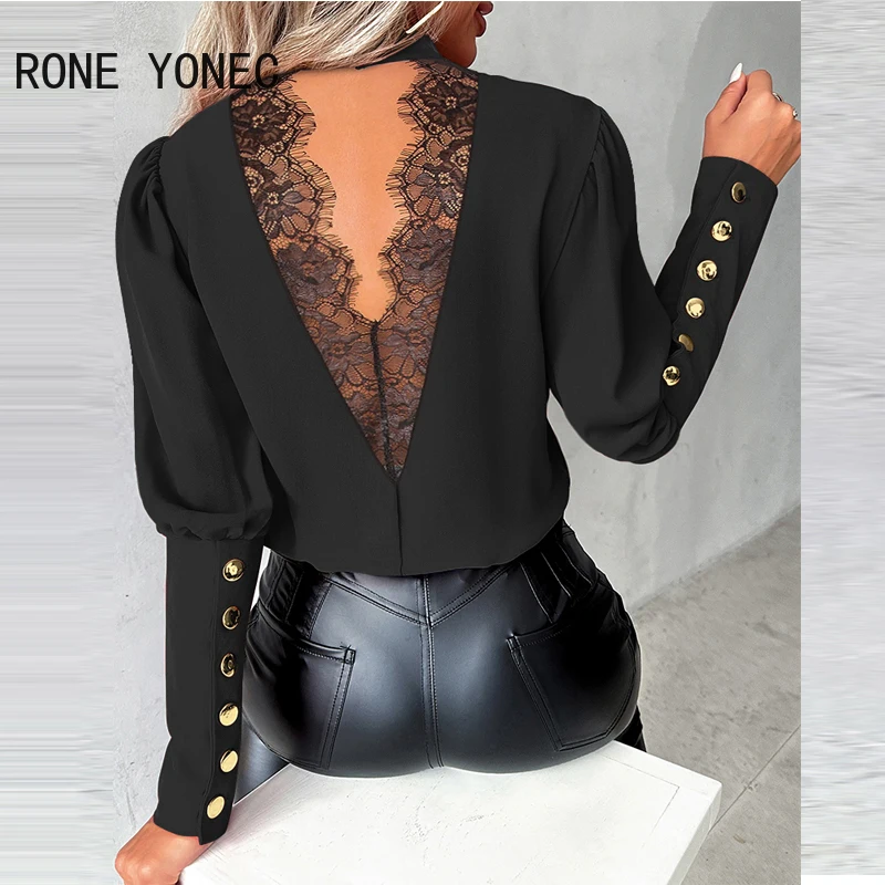 Women Chic Round Neck Lace Decor Backless Long Sleeves with Button Decoration Working Blouse Tops
Women Chic Round Neck Lace Decor Backless Long Sleeves with Button Decoration Working Blouse Tops