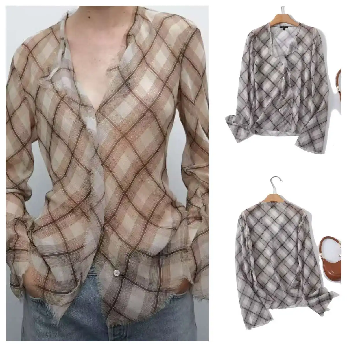 European and American style spring new loose loose casual slightly transparent long-sleeved plaid shirt
European and American style spring new loose loose casual slightly transparent long-sleeved plaid shirt