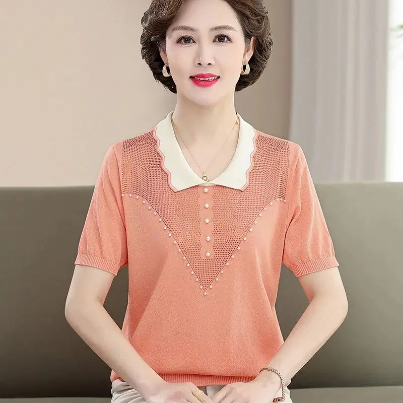 Ice Silk Short-sleeved T-shirt for Women's Summer New Collared Loose and Stylish Knit Top for Middle Aged Mothers Thin
Ice Silk Short-sleeved T-shirt for Women's Summer New Collared Loose and Stylish Knit Top for Middle Aged Mothers Thin