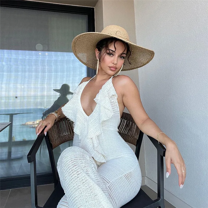 Lace Ruffles Halter Jumpsuit Women Sexy V-neck Lace Up Backless Elegant Vacation Overalls Casual Streetwear Club Party Rompers
Lace Ruffles Halter Jumpsuit Women Sexy V-neck Lace Up Backless Elegant Vacation Overalls Casual Streetwear Club Party Rompers