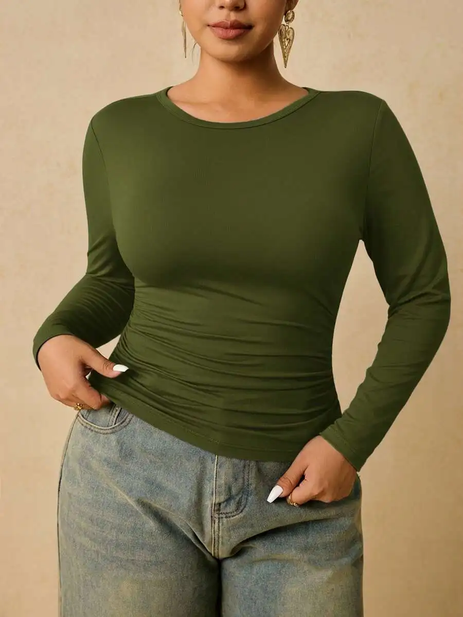 Olive Green Long Sleeve Round Neck Ruched Tummy Control Top Women Plus Size Solid Knitted Tee
Olive Green Long Sleeve Round Neck Ruched Tummy Control Top Women Plus Size Solid Knitted Tee
