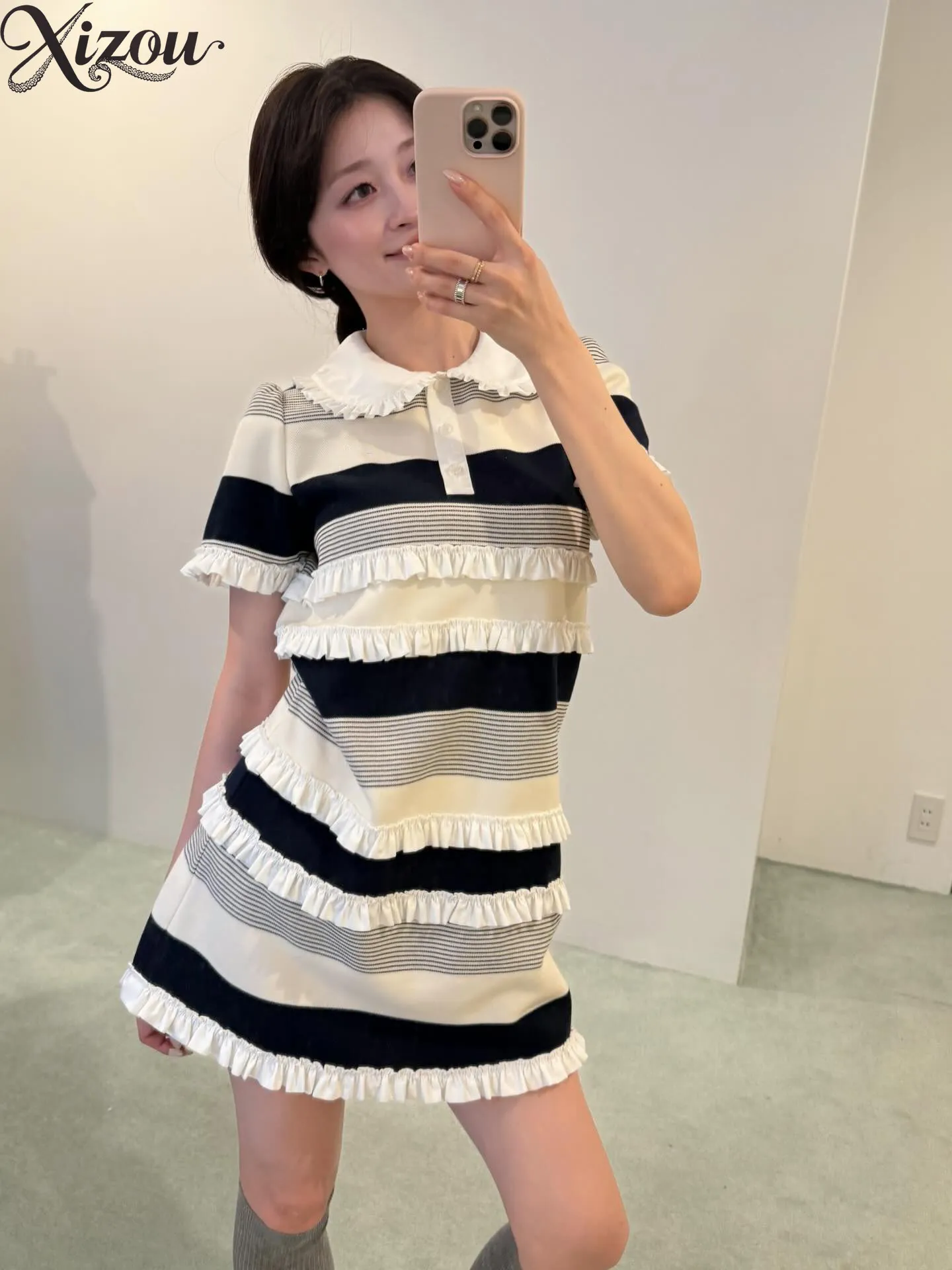 Japanese-inspired Preppy Lace Trim Striped Women's Elegant Dresses Summer Cute Short-sleeved Ruffle Girls' Short Dress
Japanese-inspired Preppy Lace Trim Striped Women's Elegant Dresses Summer Cute Short-sleeved Ruffle Girls' Short Dress