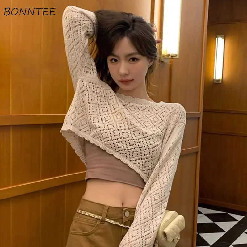 Hollow Out Pullovers Women Crops Stylish Feminine Solid Retro Tender Casual All-match Slim Korean Style Thin Summer Sun-proof
Hollow Out Pullovers Women Crops Stylish Feminine Solid Retro Tender Casual All-match Slim Korean Style Thin Summer Sun-proof