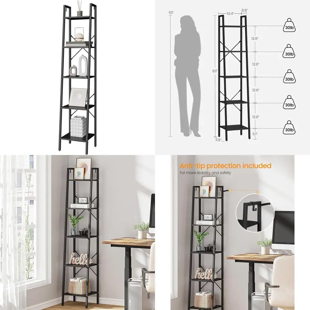 Freestanding Ladder Bookshelf with Hooks, Storage Unit for Home Office, Living Room, Kitchen, Bedroom, 11.8x13.4x63, Black
Freestanding Ladder Bookshelf with Hooks, Storage Unit for Home Office, Living Room, Kitchen, Bedroom, 11.8x13.4x63, Black