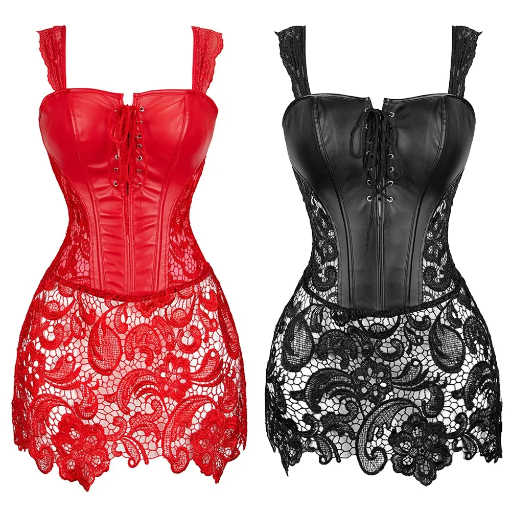 Transparent Hollow Out Lace Leather Patchwork One Piece Corset Dress Women Sexy Straps Faux Leather Overbust Corset Dress
Transparent Hollow Out Lace Leather Patchwork One Piece Corset Dress Women Sexy Straps Faux Leather Overbust Corset Dress