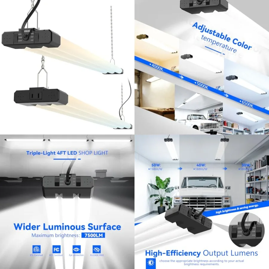 LED Shop Lights 4Feet, 3CCT Selectable 4000K/5000K/6500K, Adjustable 30W/40W/50W, 7500LM Super Bright 300W Equivalent,Linkable
LED Shop Lights 4Feet, 3CCT Selectable 4000K/5000K/6500K, Adjustable 30W/40W/50W, 7500LM Super Bright 300W Equivalent,Linkable
