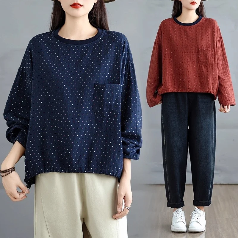 Early Autumn Large Size Women's Color Woven Casual Polka Dot Round Neck T-Shirt Versatile Long Sleeved Sweatshirt w713
Early Autumn Large Size Women's Color Woven Casual Polka Dot Round Neck T-Shirt Versatile Long Sleeved Sweatshirt w713