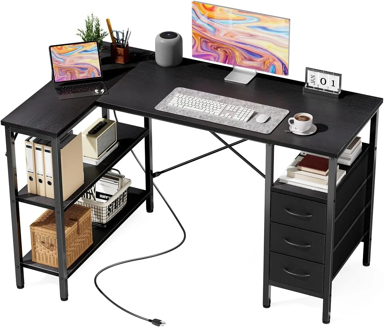 L Shaped Desk Wood 47 Inch with Power Outlets, with Drawers All Seasons Black
L Shaped Desk Wood 47 Inch with Power Outlets, with Drawers All Seasons Black