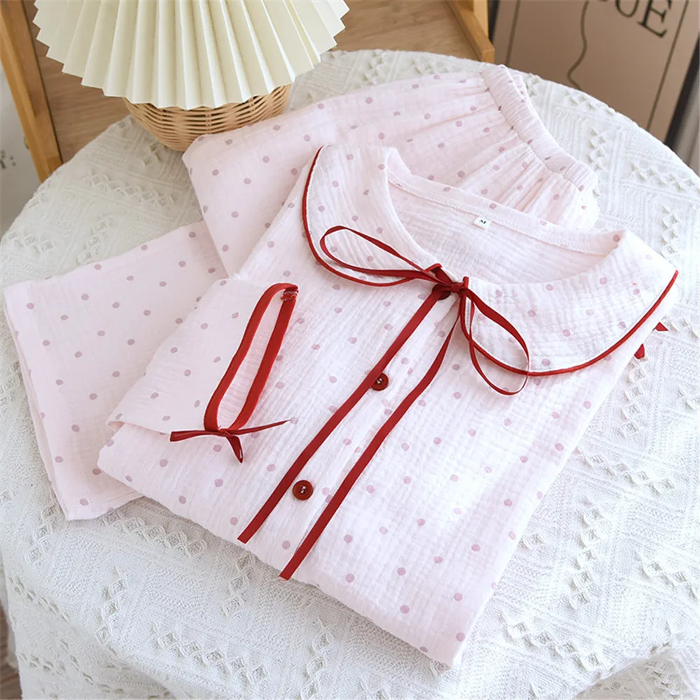 Summer Autumn Cute Sweet Doll Collar Sleepwear Clothes Cotton Polka Dot Printed Long Sleeved Pants Home Pyjamas Women
Summer Autumn Cute Sweet Doll Collar Sleepwear Clothes Cotton Polka Dot Printed Long Sleeved Pants Home Pyjamas Women