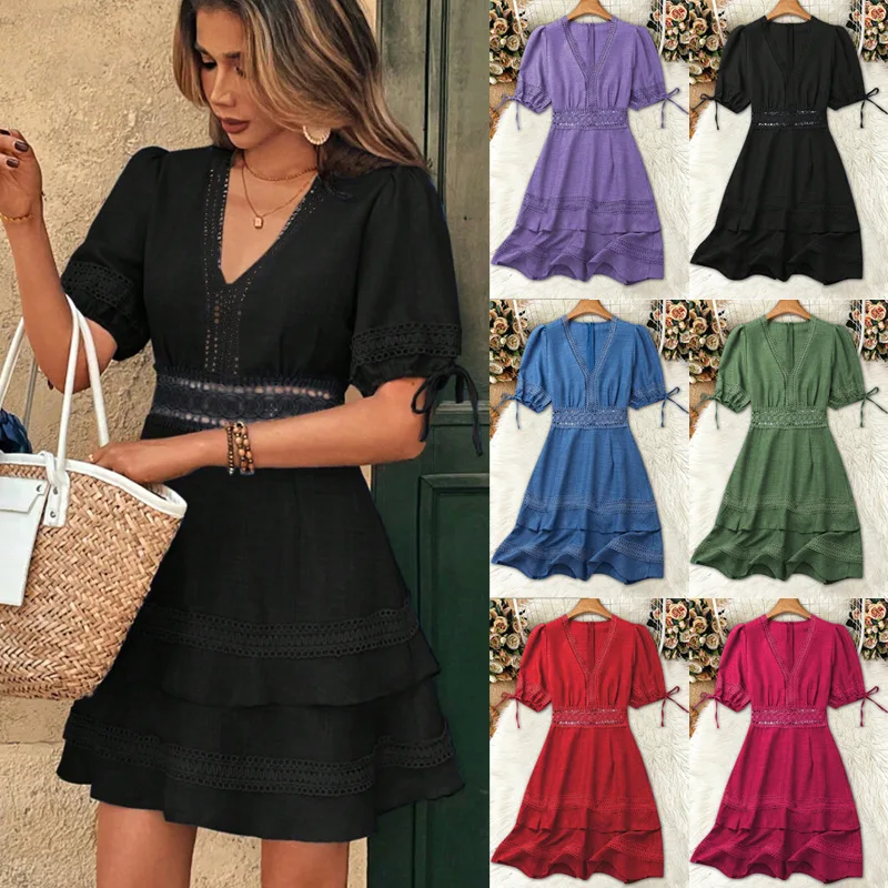 Fashion V Neck Lace Waist Hollow Bubble Short Sleeve Tie Dress Dresses Spring Summer
Fashion V Neck Lace Waist Hollow Bubble Short Sleeve Tie Dress Dresses Spring Summer