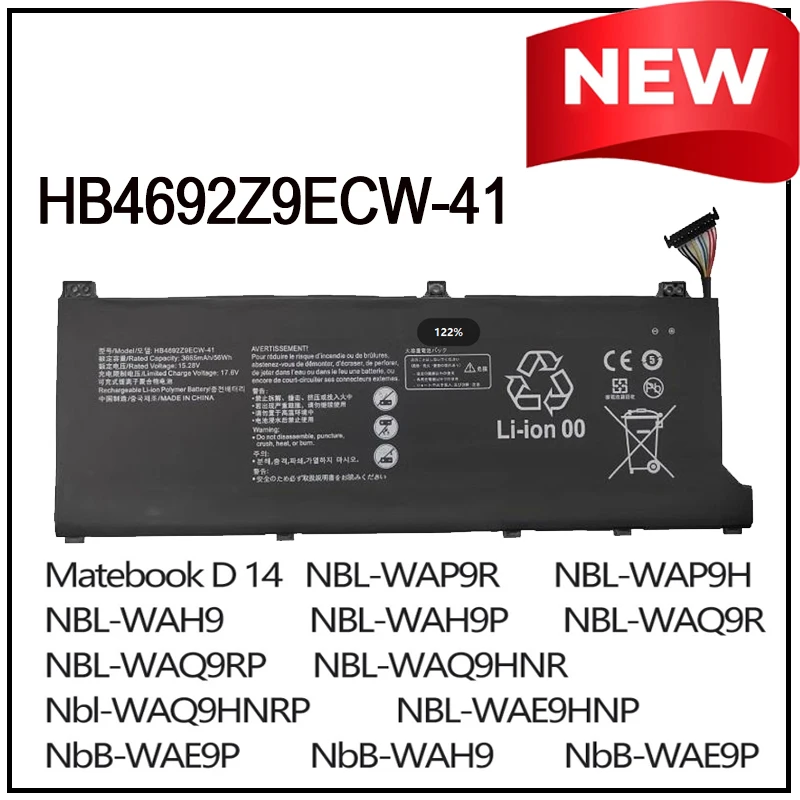 HB4692Z9ECW-41 Replacement Li-ion Laptop Battery for Huawei NBL-WAQ9R WAQ9RP WAQ9HNR WAQ9HNRP Matebook D14 WAP9H WAE9P WAH9 New
HB4692Z9ECW-41 Replacement Li-ion Laptop Battery for Huawei NBL-WAQ9R WAQ9RP WAQ9HNR WAQ9HNRP Matebook D14 WAP9H WAE9P WAH9 New