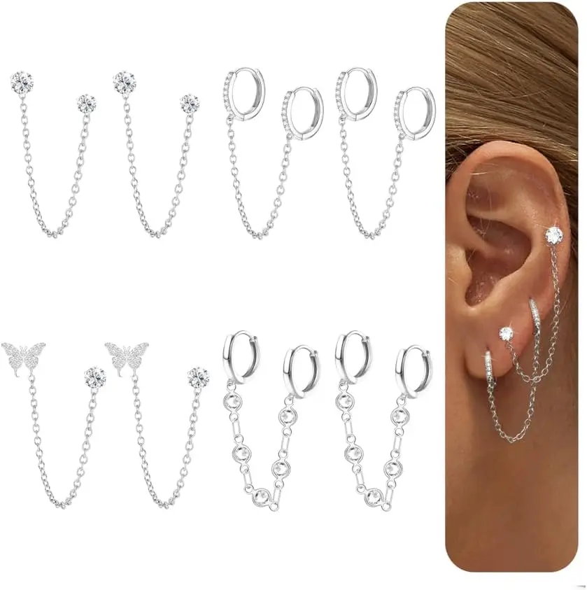 4 Pairs Silver Gold Chain Hoop Earrings for Women, Sparkled CZ Drop Huggie Dangle Studs for Cartilage Helix Piercing
4 Pairs Silver Gold Chain Hoop Earrings for Women, Sparkled CZ Drop Huggie Dangle Studs for Cartilage Helix Piercing