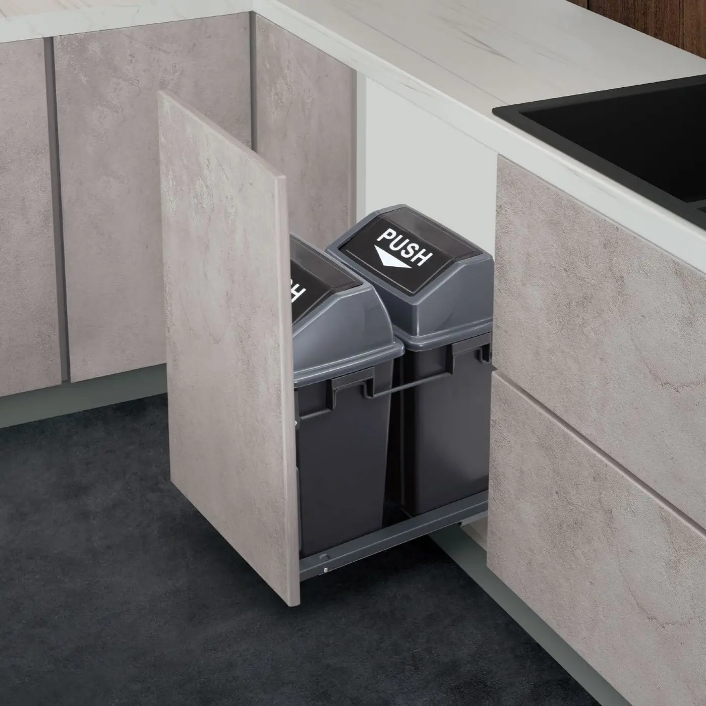 trash can in the cabinet, pull the basket, organize and store in the cabinet
trash can in the cabinet, pull the basket, organize and store in the cabinet