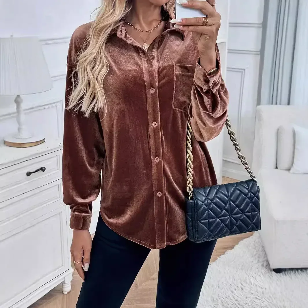 Solid Color Lapel Long-sleeved Shirt with Pockets, Women's Autumn and Winter New Fashion Casual Velvet Single-breasted Shirt
Solid Color Lapel Long-sleeved Shirt with Pockets, Women's Autumn and Winter New Fashion Casual Velvet Single-breasted Shirt