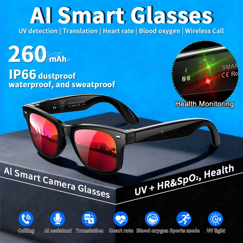Bluetooth Glasses UV Detection AI Smart Motion Glasses Call Music Heart Rate Blood Oxygen Body Temperature Monitor Smart Eyewear
Bluetooth Glasses UV Detection AI Smart Motion Glasses Call Music Heart Rate Blood Oxygen Body Temperature Monitor Smart Eyewear
