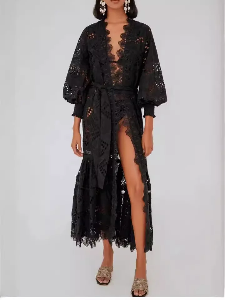 2024 Summer French Fashionable Patchwork Cardigan Lace Up Black Lace Ddress Women High Quality Hollow Out Luxury Vestidos G319
2024 Summer French Fashionable Patchwork Cardigan Lace Up Black Lace Ddress Women High Quality Hollow Out Luxury Vestidos G319