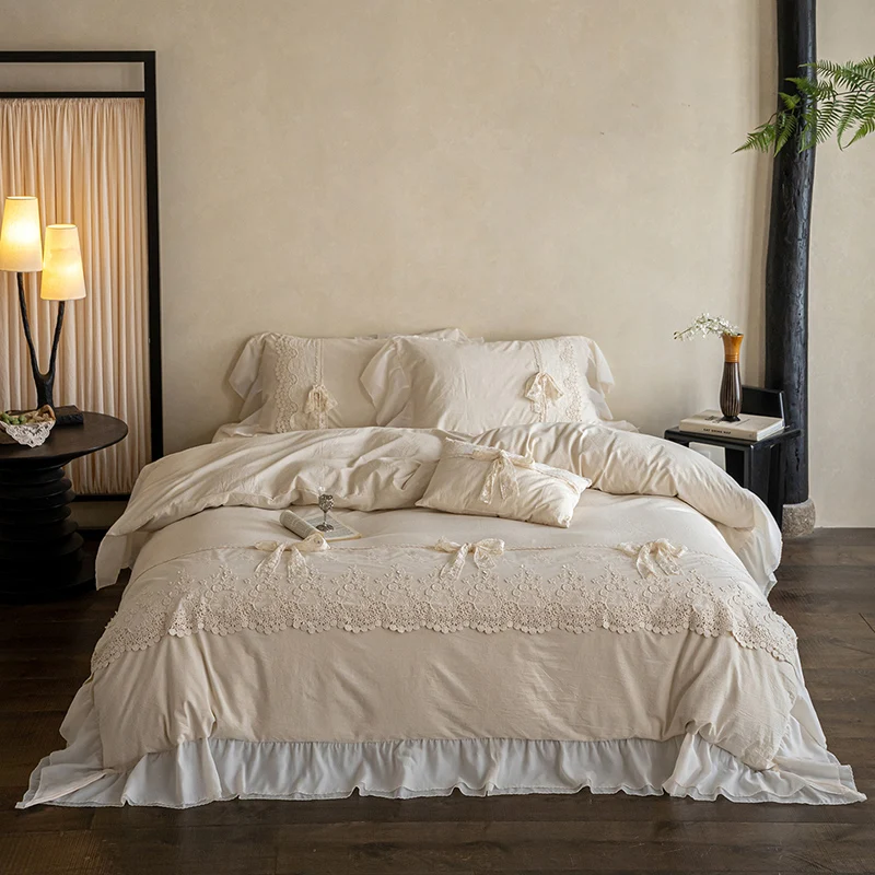Vintage French Lace Bow Embroidery Ruffles Cotton Linen Blend Bedding Set Duvet Cover Pillowcase Bed Linens Queen King Size 4Pcs
Vintage French Lace Bow Embroidery Ruffles Cotton Linen Blend Bedding Set Duvet Cover Pillowcase Bed Linens Queen King Size 4Pcs