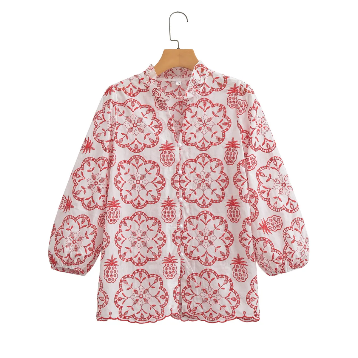 2025 wholesale European and American women's pineapple embroidered stand-up collar shirt
2025 wholesale European and American women's pineapple embroidered stand-up collar shirt