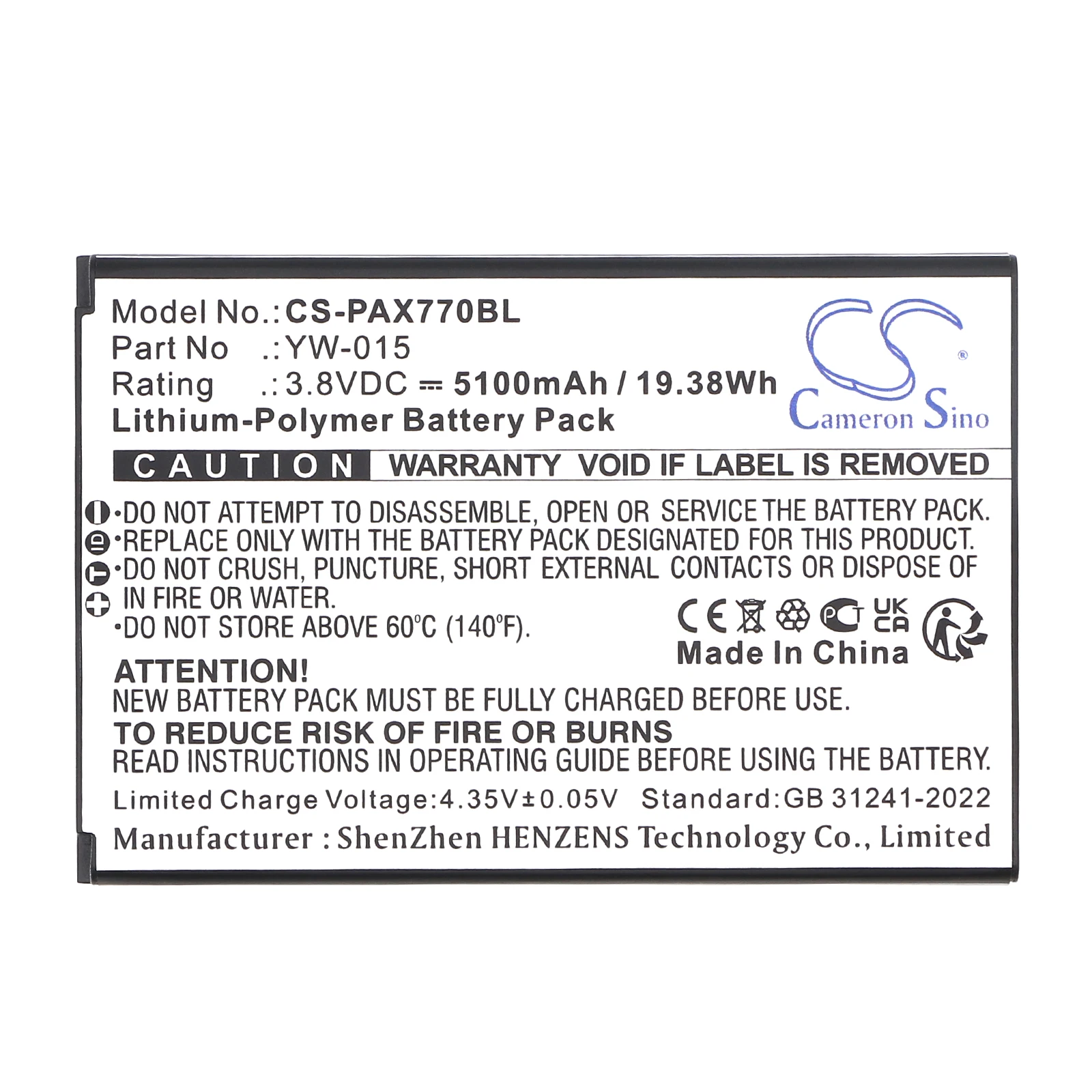 Cameron Sino 3.8V 5100mAh CS-PAX770BL Payment Terminal Battery YW-015, YW-009 for Pax A77
Cameron Sino 3.8V 5100mAh CS-PAX770BL Payment Terminal Battery YW-015, YW-009 for Pax A77