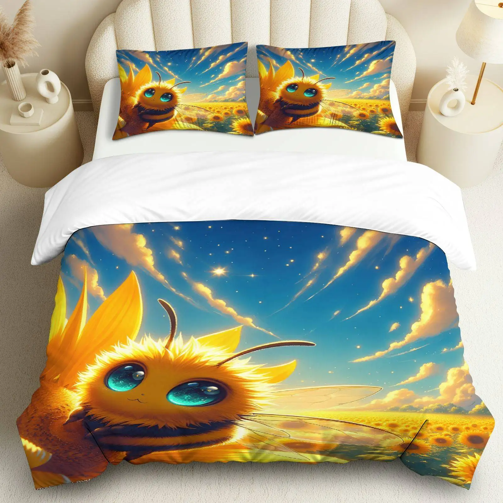 3PCS Duvet Cover, 1 Duvet+2 Pillowcases(Without filler), Cute Bee Sunflower Design Suitable for decoration Bedroom, Guest Room
3PCS Duvet Cover, 1 Duvet+2 Pillowcases(Without filler), Cute Bee Sunflower Design Suitable for decoration Bedroom, Guest Room