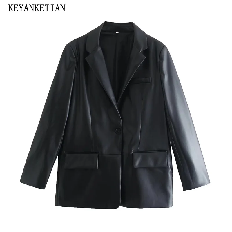 KEYANKETIAN Autumn/Winter New Women Faux Leather Neutral Casual Suit Jacket Flap Pockets One-Button Office Lady Black Outerwear
KEYANKETIAN Autumn/Winter New Women Faux Leather Neutral Casual Suit Jacket Flap Pockets One-Button Office Lady Black Outerwear