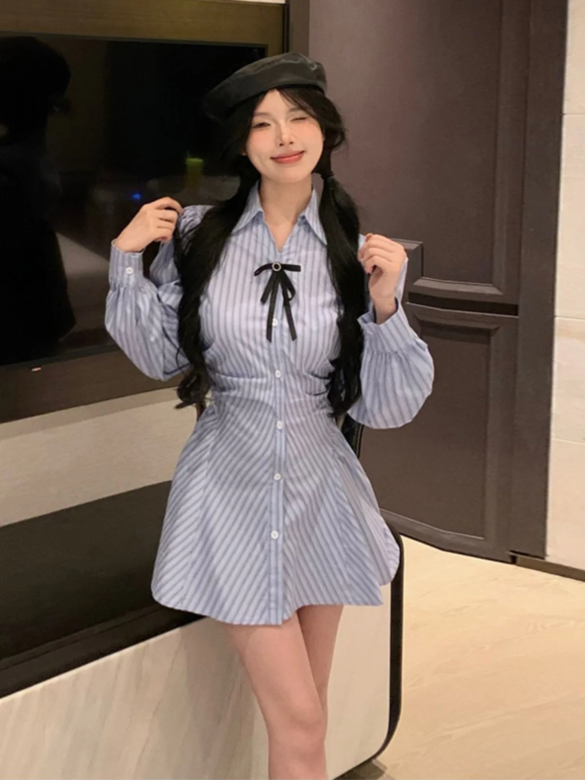 Spring 2025 Women's Long Sleeve Short Skirt Dress Knot Blue Stripes Slimming Sweet And Spicy Style Button up Shirt ...
Spring 2025 Women's Long Sleeve Short Skirt Dress Knot Blue Stripes Slimming Sweet And Spicy Style Button up Shirt ...