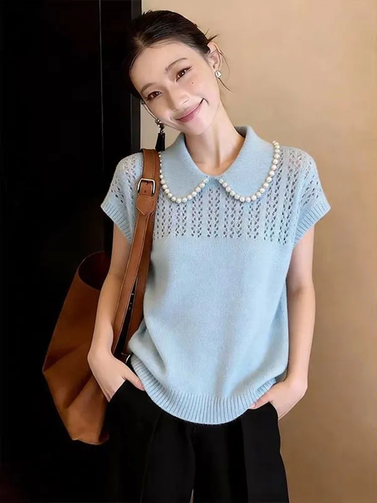 2026 Summer Peter Pan Collar Beaded Cut-out Knit T-shirt Women Short Sleeve Tee Office Lady Elegant Comfortable Breathable Shirt
2026 Summer Peter Pan Collar Beaded Cut-out Knit T-shirt Women Short Sleeve Tee Office Lady Elegant Comfortable Breathable Shirt