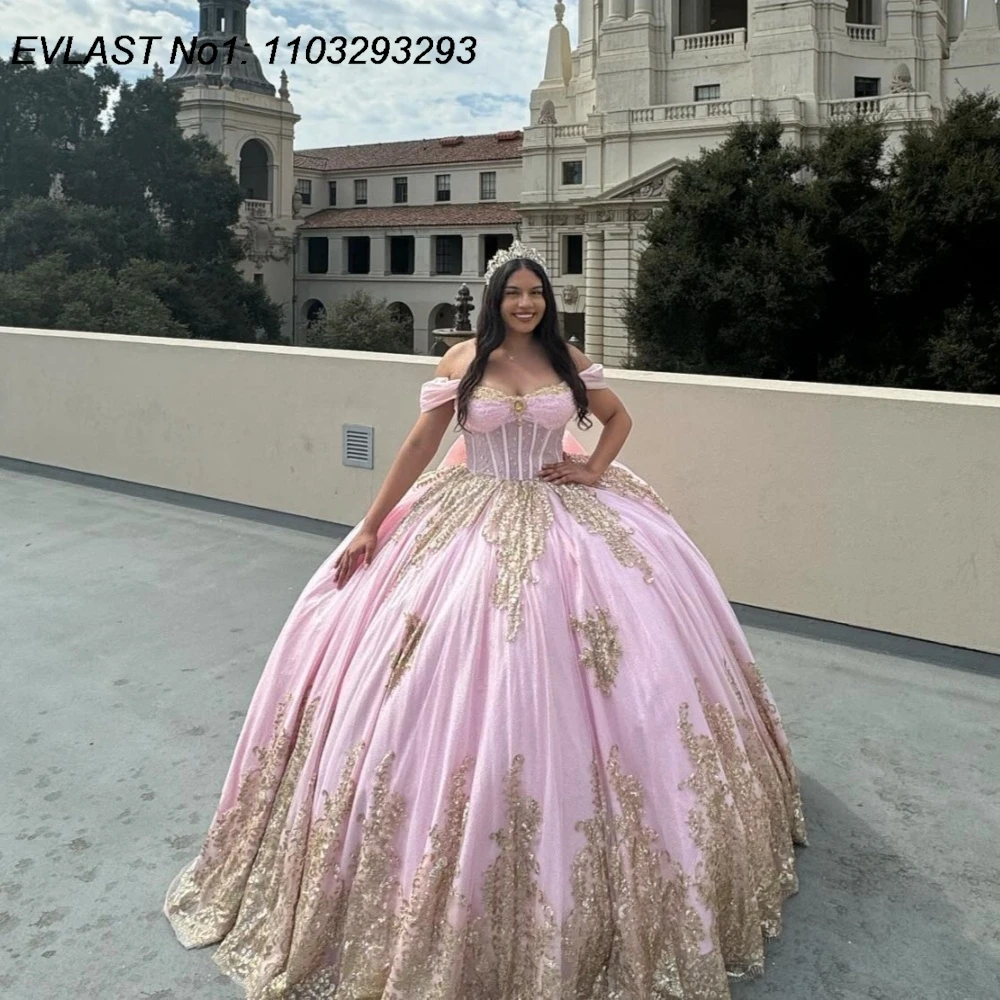 EVLAST Customized Glitter Pink Quinceanera Dress Ball Gown Gold Lace Applique Beading Bow Sweet 16 Vestido De 15 Anos E1Q454
EVLAST Customized Glitter Pink Quinceanera Dress Ball Gown Gold Lace Applique Beading Bow Sweet 16 Vestido De 15 Anos E1Q454
