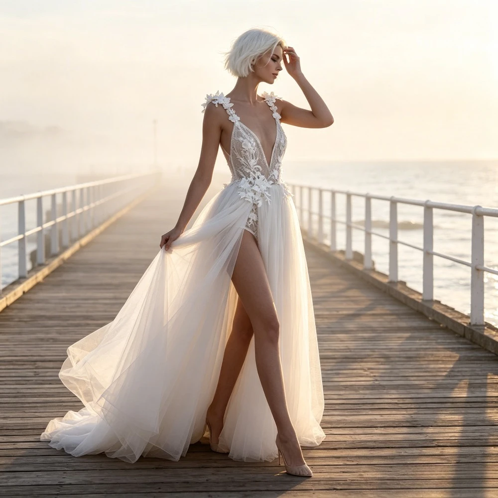 Customized Sexy Deep V-lace Applique Wedding Dresses 2026 New High Waisted Sheer High Slit Bridal Gown Suitable for Banquets
Customized Sexy Deep V-lace Applique Wedding Dresses 2026 New High Waisted Sheer High Slit Bridal Gown Suitable for Banquets