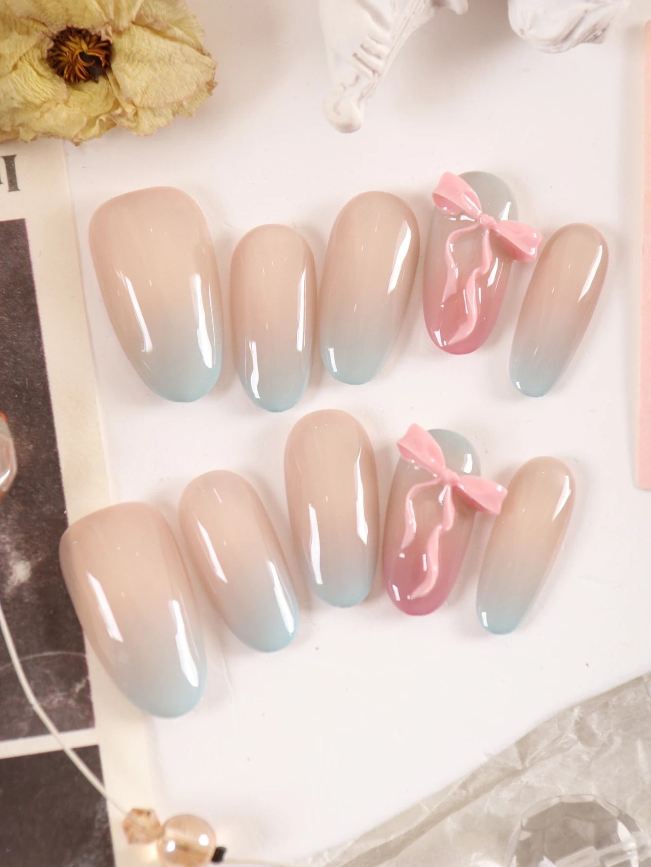 10Pcs Press on Nails French Cat's Eye Pink Bow Tie Blue Gradient Fake Nails Includes 1 Sheet Adhesive Tabs & 1 Mini File
10Pcs Press on Nails French Cat's Eye Pink Bow Tie Blue Gradient Fake Nails Includes 1 Sheet Adhesive Tabs & 1 Mini File