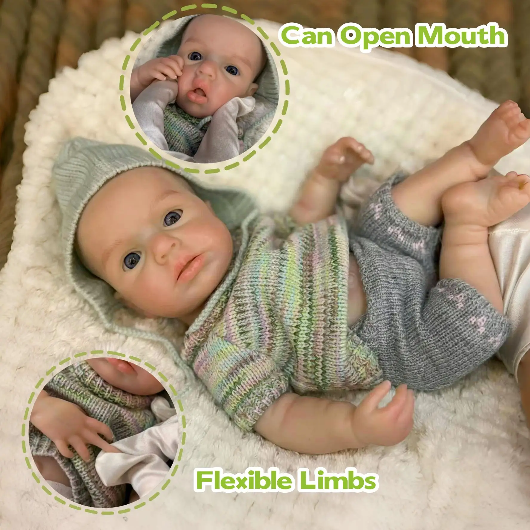 13Inch Can Open Mouth Loulou Silicone Girl Doll Dress Green Sweater Lifelike Realistic Baby Reborn Doll For Kids' Christmas Gift
13Inch Can Open Mouth Loulou Silicone Girl Doll Dress Green Sweater Lifelike Realistic Baby Reborn Doll For Kids' Christmas Gift
