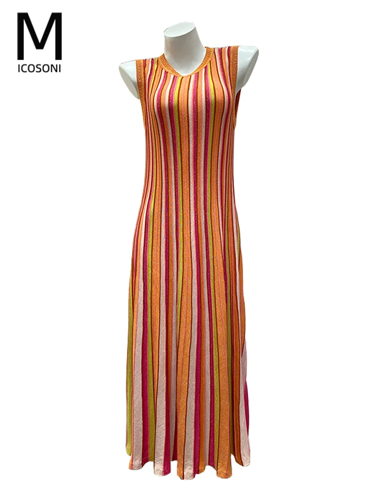 Micosoni Высококачественное многоцветное жилет без рукавов в вертикальную полоску Платье средней длины желто-оранжево-красного цвета для женщин Трикотажное платье
Micosoni Высококачественное многоцветное жилет без рукавов в вертикальную полоску Платье средней длины желто-оранжево-красного цвета для женщин Трикотажное платье