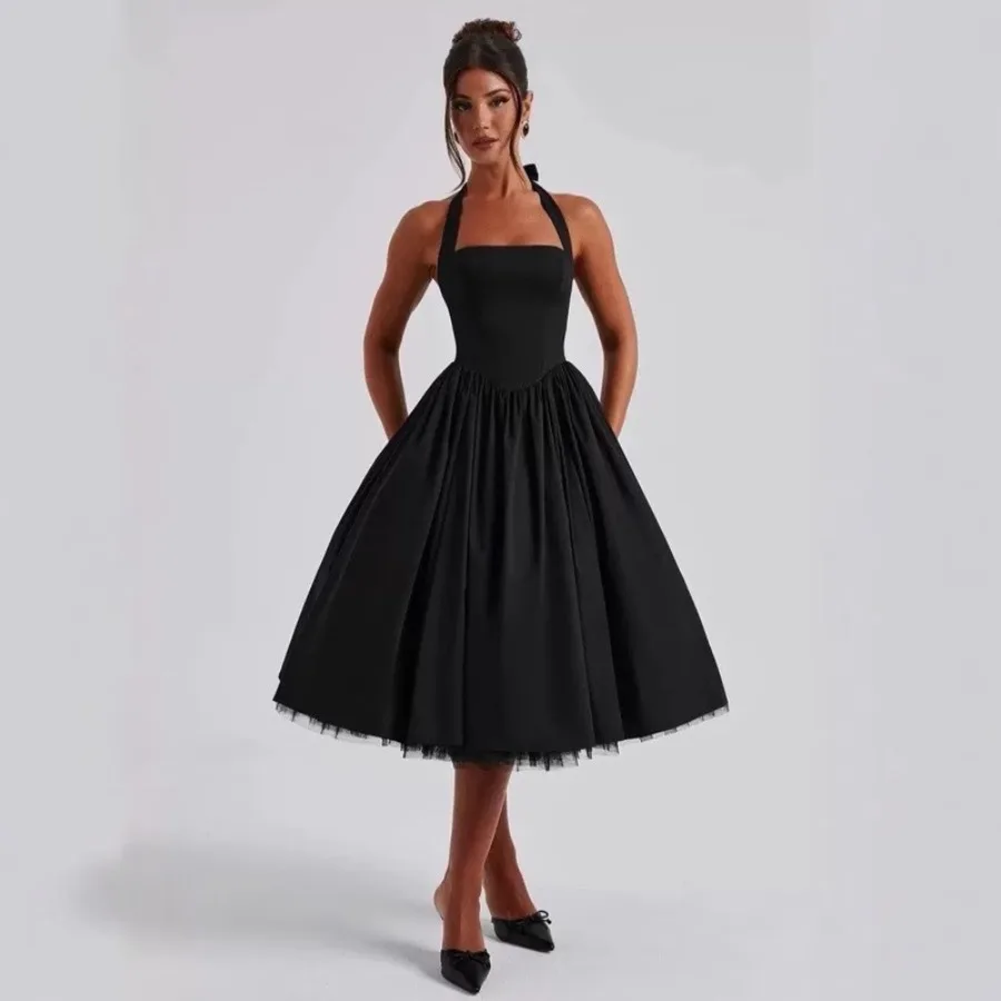 【New style】's new French hanging neck sexy backless strap dress mesh temperament mid-length dress
【New style】's new French hanging neck sexy backless strap dress mesh temperament mid-length dress