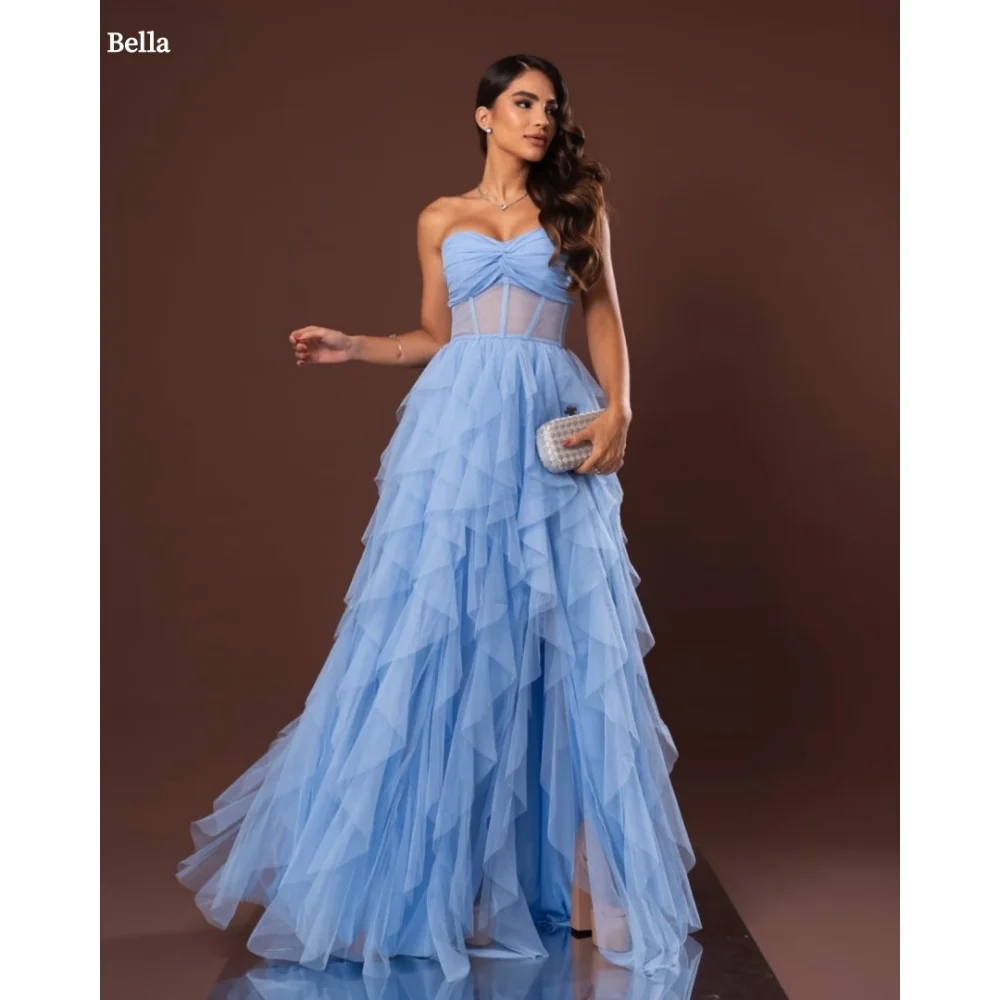 Bella Customized Blue Multi-Layered A-line Mesh Fabric robes de soirée Strapless Party Dresses Floor-Length Side Slit Prom Dress
Bella Customized Blue Multi-Layered A-line Mesh Fabric robes de soirée Strapless Party Dresses Floor-Length Side Slit Prom Dress