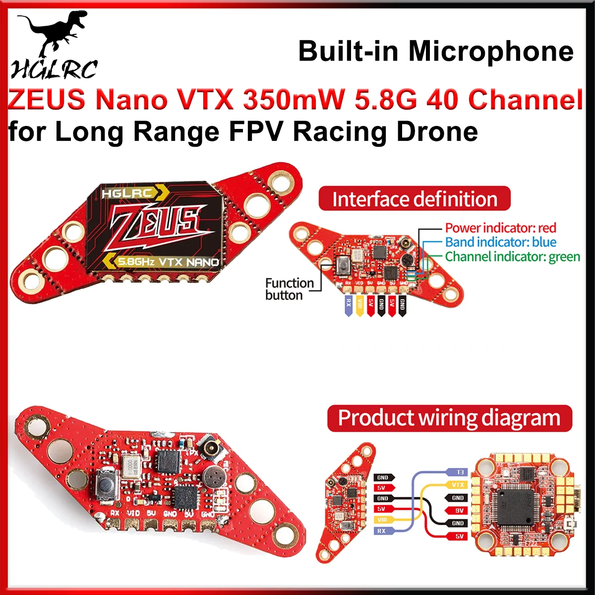 HGLRC Zeus Nano VTX Transmitter 5.8G 40CH 40 Channel 350mW 16mm/20mm/25.5mm Built-in Microphone for Long Range FPV Racing Drone
HGLRC Zeus Nano VTX Transmitter 5.8G 40CH 40 Channel 350mW 16mm/20mm/25.5mm Built-in Microphone for Long Range FPV Racing Drone