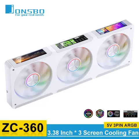 JONSBO ZC-360 3.38 Inch Screen Display Case Fan Ball Bearing Integrated Cooling Fan 5V ARGB PWM Magnetic Suction Fan